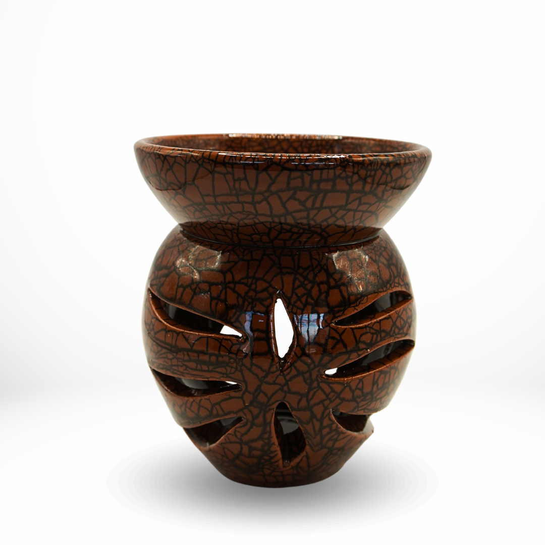 Brûleur à Huile Artisanal - Création Unique Céramique Brune Craquelée