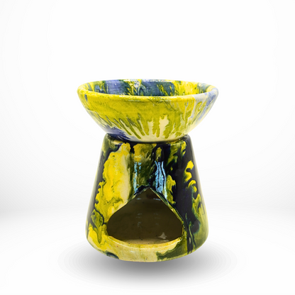 Brûleur d’Huile Parfumée en Céramique Artisanale – Jaune & Bleu
